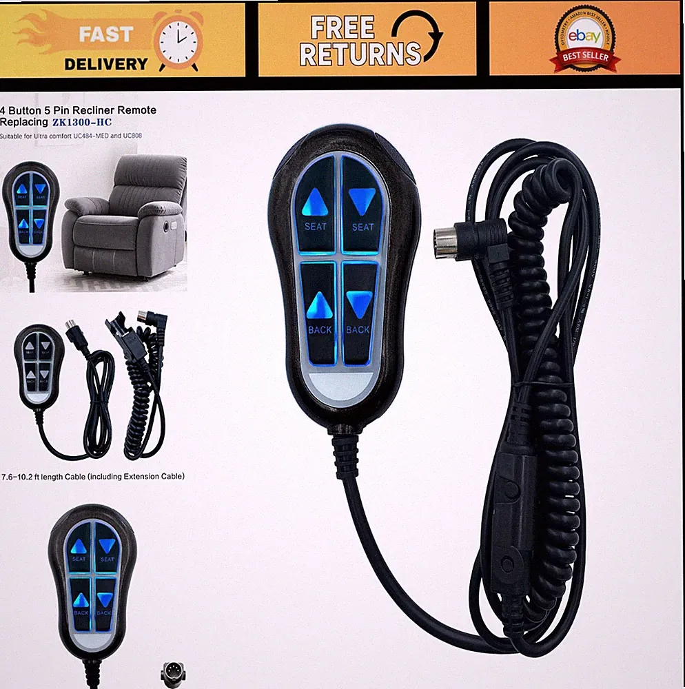 5 Pin Remote Control for Power Recliner Lift Chairs - 4 Button with Backlight