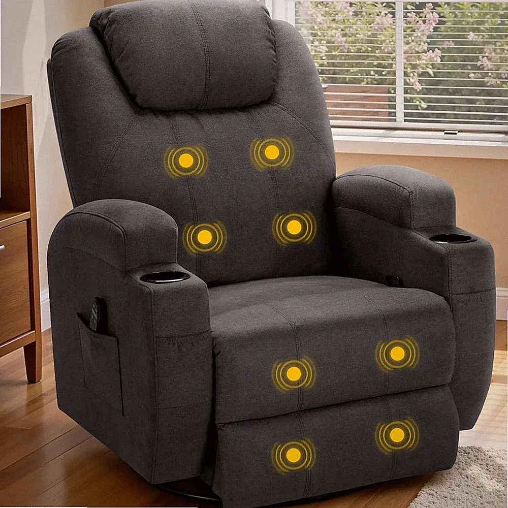 Dark Gray 360° Swivel Rocker Recliner Chair with Massage & Cup Holders