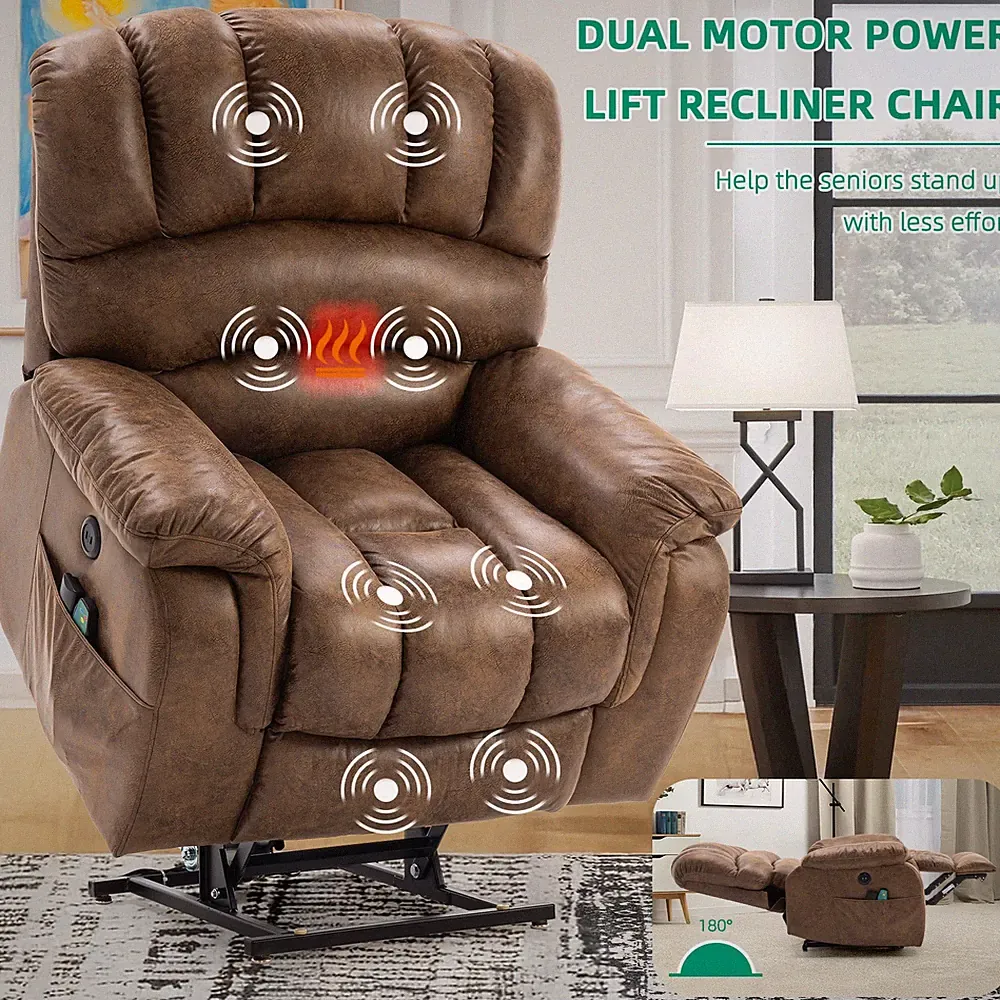 Dual Motor Power Lift Recliner Chair Lay Flat Sleeping Recliner W/Massage & Heat