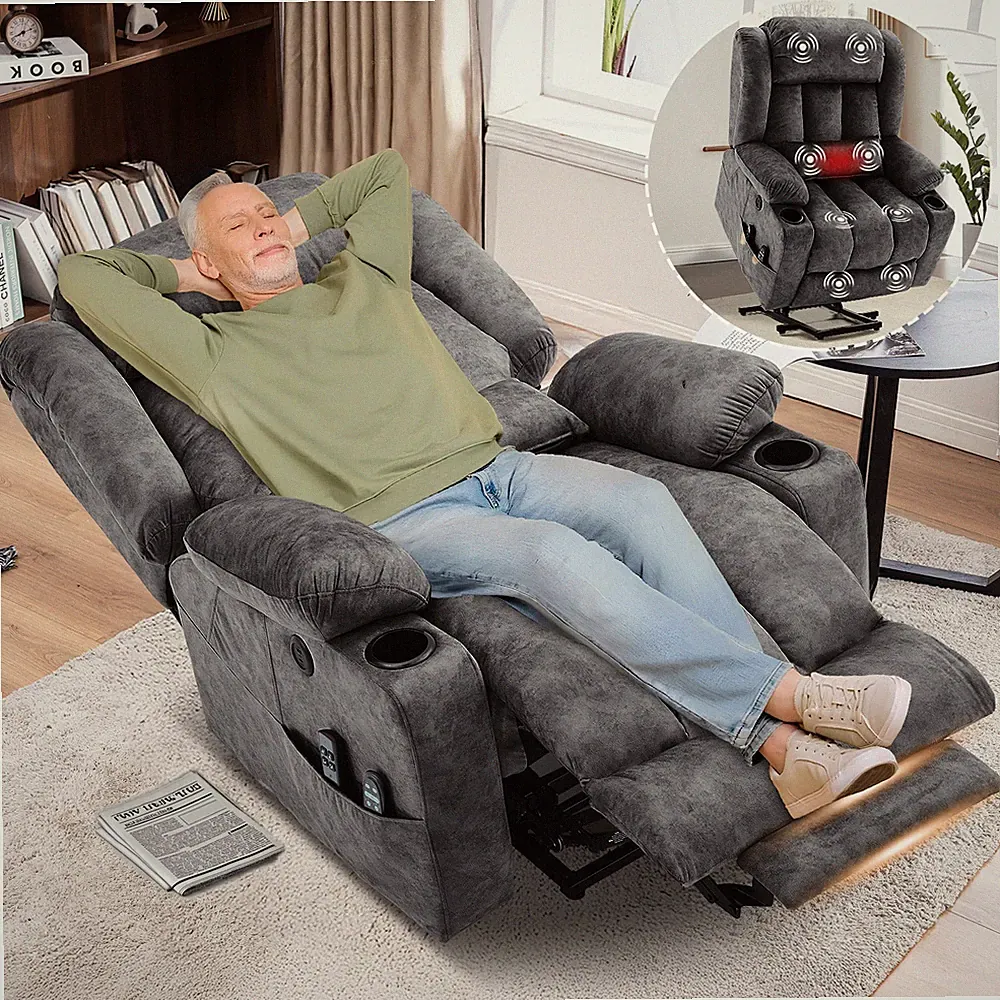 Lay Flat Dual Motor Power Lift Chair Massage Heat Recliner w/Extended Footrest