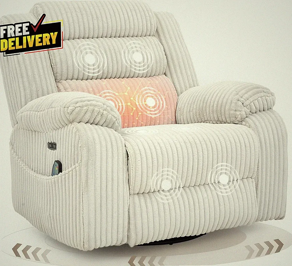 Power Swivel Rocker Recliner Chair Massage Heat USB Type-C Electric Glider Grey