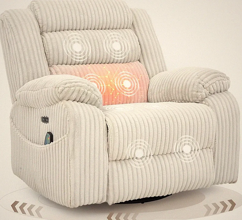 Power Swivel Rocker Recliner with Massage, Heat & USB in Pale Grey